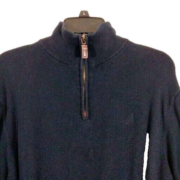 Nautica 1/4 Zip Mock Neck Sweater Mens Large Navy Blue Casual Pullover - Picture 1 of 5